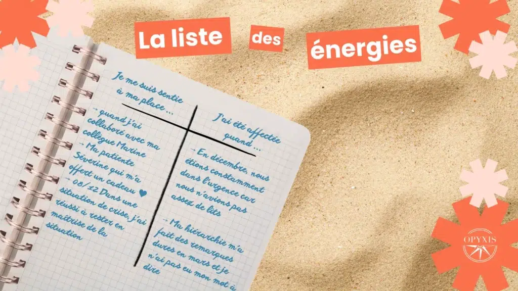 Exercice de la liste des énergies pour faire le point sur sa carrière : un carnet à deux colonnes, ce qui donne de l'énergie au travail et ce qui en prend